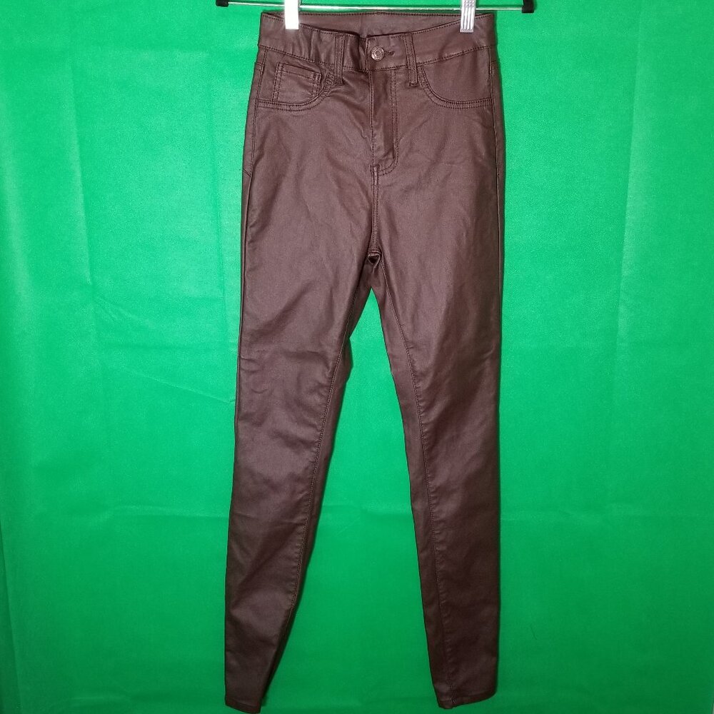 Top Trends Chocolate Faux Leather Skinny Pants Stretchy Slim Size 3 City Club